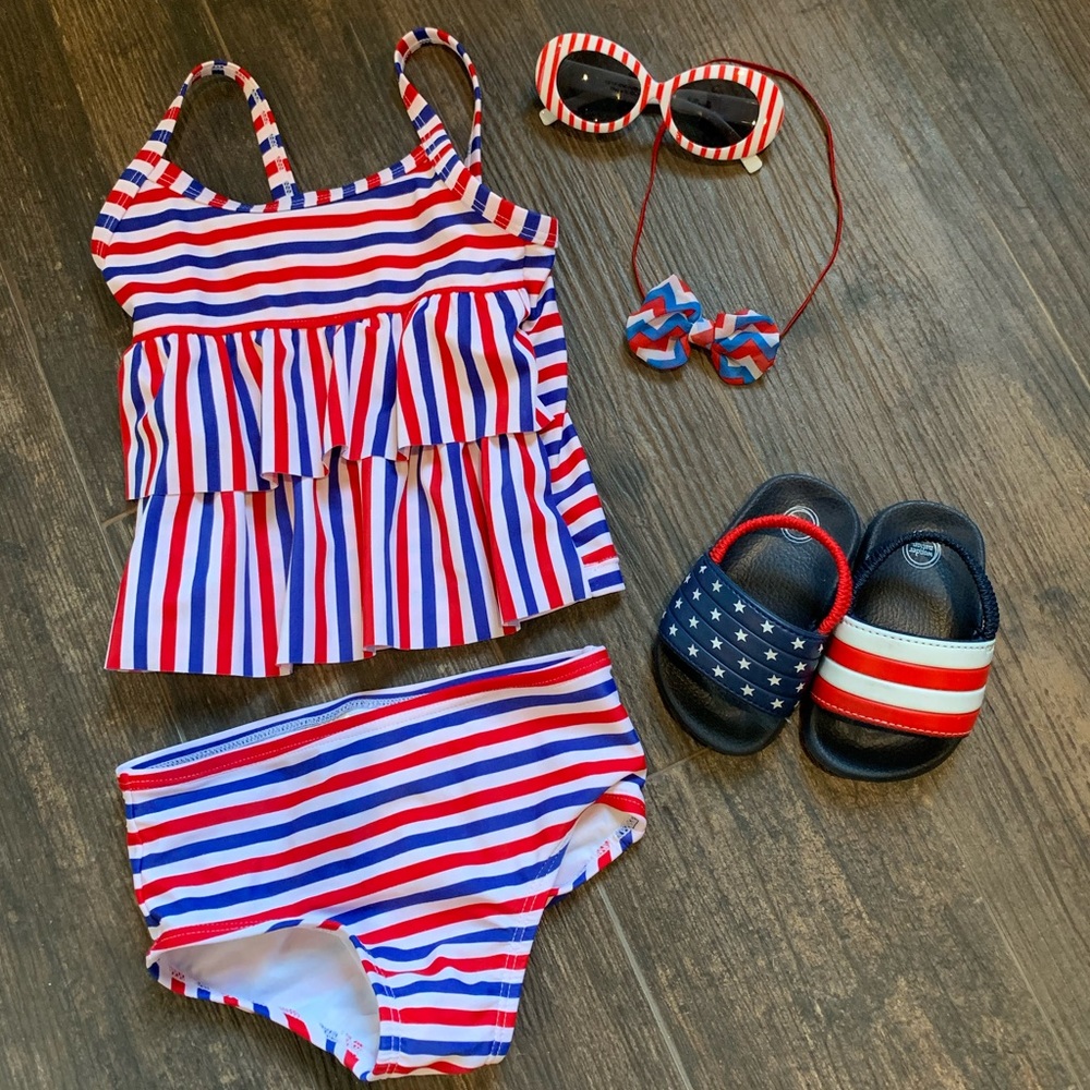 4th of July swim suit and accessories toddler girl